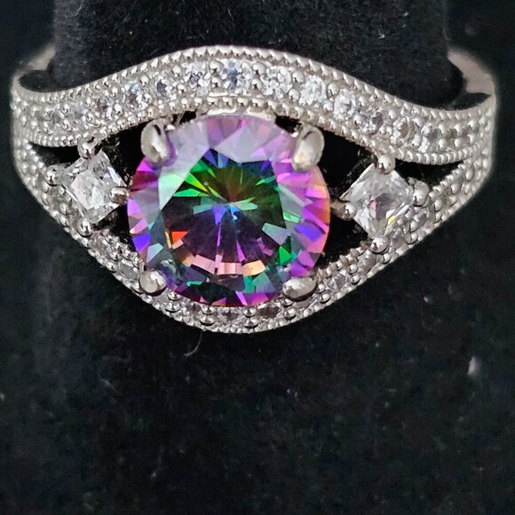 Lab Created New Round Faceted Mystic Topaz CZ Halo Silver Tone Accent Ring - Picture 3 of 8